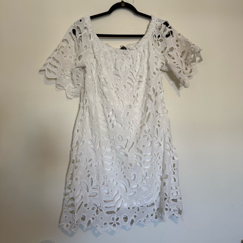 White Eyelet Midi Dress with Scalloped Edges - Picture 2 of 8